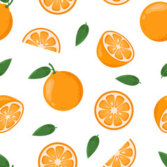 Oranges seamless pattern. Whole, half and slices of ripe oranges with green leaves on white background. Summer tropical fruits theme wallpaper. 
