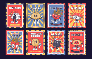 Asian food emblem. Japanese mochi, onigiri and ramen poster with mascot character. Chinese baozi and fortune cookie cartoon vector illustration set