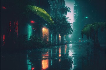 Night tropical city in cyberpunk style, neon light, tropical plants, rain, wet asphalt, water. AI