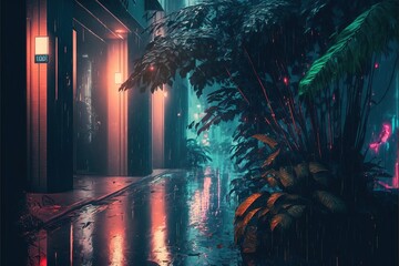 Night tropical city in cyberpunk style, neon light, tropical plants, rain, wet asphalt, water. AI