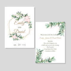 Elegant watercolor wedding invitation card with greenery leaves and pink flowers in a rustic style