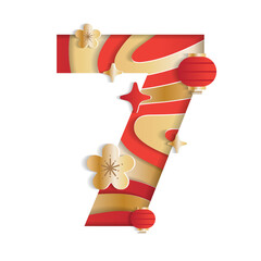 7 Numeric Number Chinese New Year Concept Character Font Letter Abstract Paper Flower Lantern Lunar Festival Element Sparkle Shine Gradient Gold Red 3D Paper Layer Cutout Card Vector Illustration