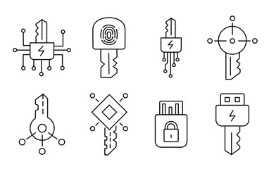 Digital key icon set. Cyber security. Crypto wallet. Account authentication. Vector line. Editable outline stroke.