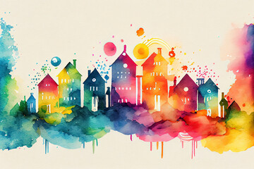 Multi-colored beautiful houses, funny rainbow buildings with a place for an inscription on a white background