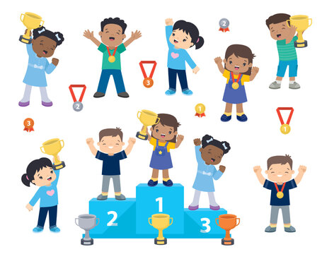 Multi-ethnic children with medals and trophies, Victory stand, Sports pedestal, Medalists kids standing on competition winner podium clip art, Kawaii style flat illustrations