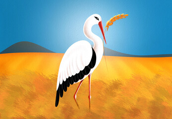 Stork holding a wheat ear. Ukrainian symbols, stand with Ukraine, Ukrainian culture