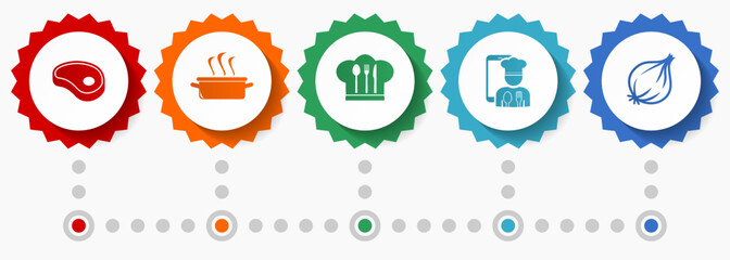 Food vector icons, kitchen and cooking flat design web badges collection, business infographic template