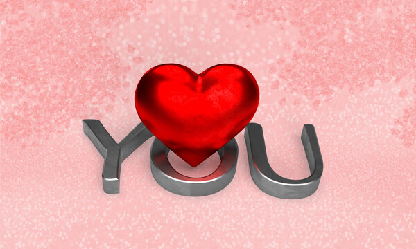 Silver valentine word love you with red hearts on glitter background.