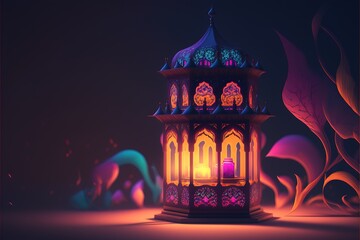 Night oriental lantern in traditional Arabic style, neon light, bright oriental lantern. Decor holiday Ramadan. AI