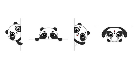 Cute cartoon panda set. Panda peeking around the corner. Vector illustration
