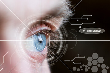 Eye monitoring and eye scan protected. Biometric verification and unlock screen, male eye closeup. - obrazy, fototapety, plakaty