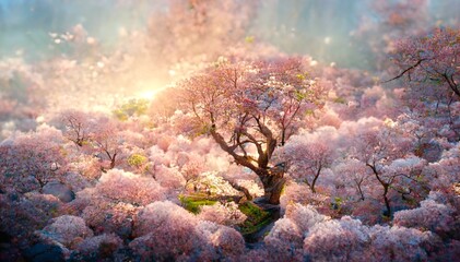 Fototapeta na wymiar 桜が満開の公園をイメージしたイラスト generative AI