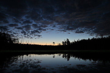 Early morning scenery forest  landscape sky with the moon is mirroring the lake
