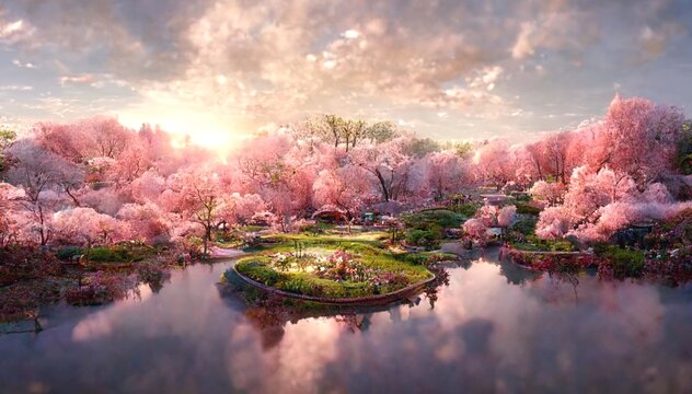 湖畔の桜が満開の公園をイメージしたイラスト generative AI