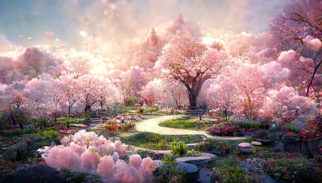 桜が満開の公園をイメージしたイラスト generative AI