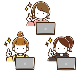 パソコンを使ったビジネスのポイントを説明する女性たちのシンプルイラストセット