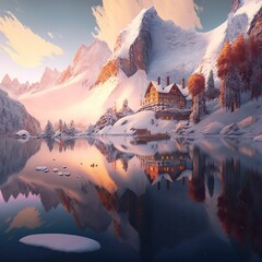 The Winter Mountains, Winter Lakes, palaces, winter maples, Flowers, Real.Generative AI