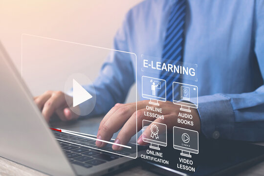 E-learning Concept.Business Man Using Laptop Computer Study Online Education Training For Personal Development And Professional At Home, Study Online, Digital Courses To Develop New Skills,icon.