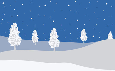 Winter landscape flat illustration. Winter snowy landscape with hills and pines. Vector illustration