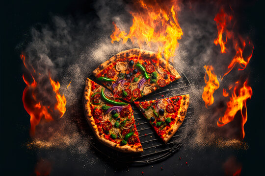 Pizza with smoke and fire effects in the background