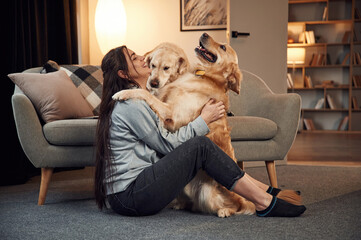 Embracing and having fun. Woman is with two golden retriever dogs at home