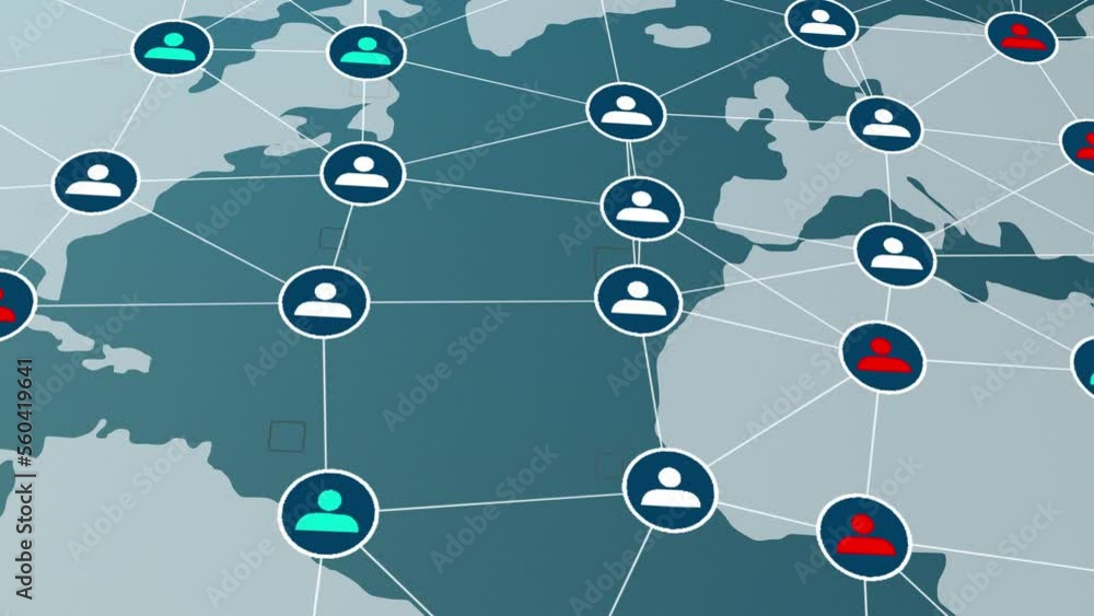 Poster animation of network of connections and white people icons interacting over cityscape with clouds on