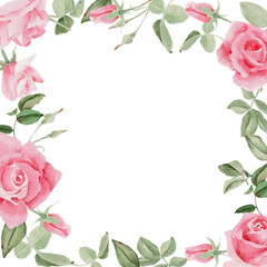 watercolor blooming pink rose branch flower bouquet wreath frame square banner background