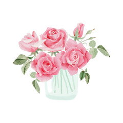 watercolor pink rose flower bouquet in glass vase for valentines day