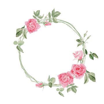 watercolor blooming pink rose branch flower bouquet wreath frame