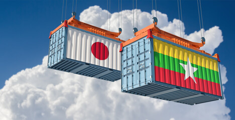 Cargo containers with Myanmar and Japan national flags. 3D Rendering 