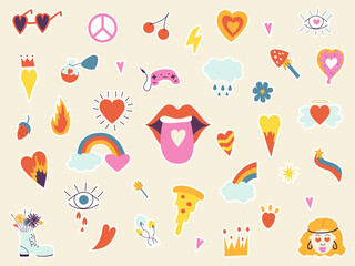 Groovy hippie love stickers set. Retro 60s 70s elements. Cartoon funky. Sticker pack in trendy retro psychedelic cartoon style.