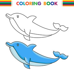 The lovely cheerful smiling dolphin jumps over water colorful and outline. Cartoon vector illustration isolated on white. Page of a coloring.