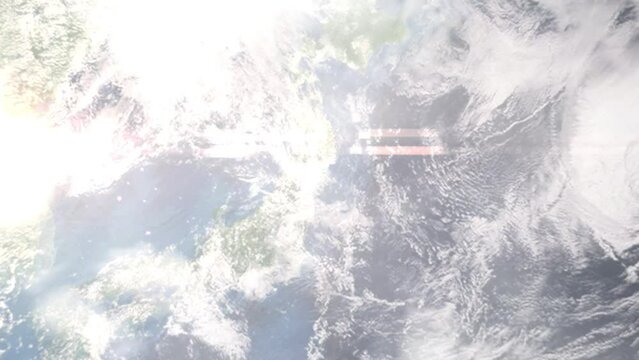 Earth zoom in from outer space to city. Zooming on Ishinomaki, Miyagi, Japan. The animation continues by zoom out through clouds and atmosphere into space. Images from NASA