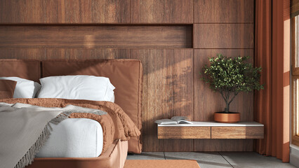 Modern bedroom close up. Wooden headboard in white and orange tones. Velvet bed, bedding, pillows and carpet. Contemporary interior design
