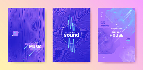Blue Purple Dance Music Flyer. Electro Party Cover. Vector Edm Background. Gradient Distort Waves. Dance Music Flyer. Technology Festival Illustration. Techno Sound Poster. Dance Music Flyer Set.