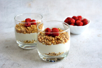 raspberry dessert with yogurt and granola in drinking glasses isolated on concrete background