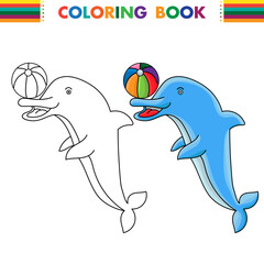 Coloring book for kids, dolphin playing ball vector