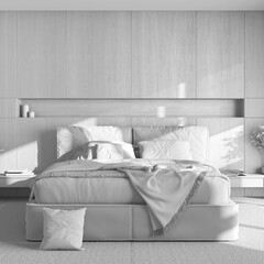 Total white project draft, minimalist bedroom with wooden headboard. Velvet bed, bedding, pillows and carpet. Contemporary interior design