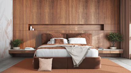 Fototapeta na wymiar Modern bedroom with wooden headboard in orange and beige tones. Velvet bed, bedding, pillows and carpet. Contemporary interior design