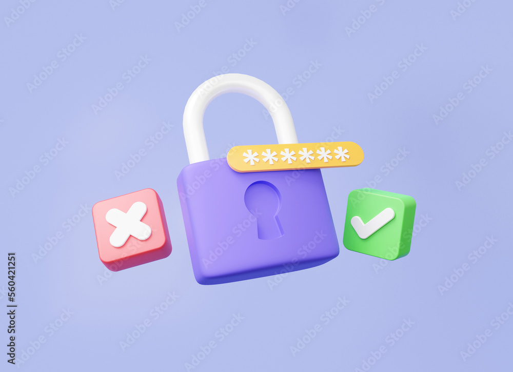 Poster minimal cartoon style padlock icon with check unlock approved and declined account identity id priva