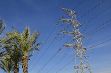 High voltage power transmission towers Have a complex steel structure. high-voltage power lines...