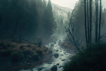 forest, stream, fog, scenery, no people, art illustration