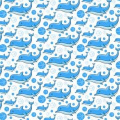 seamless pattern with dolphins and balls