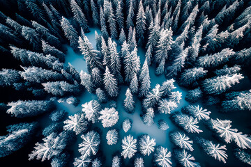 Drone view of winter landscape with pine forest covered with snow. Snowy fir tree in beauty nature scenery from above. Christmas and new year greeting card background. - obrazy, fototapety, plakaty