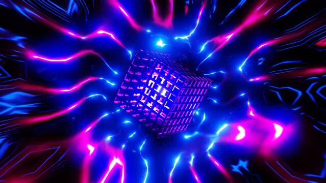 pulsing neon cube in a colorful galactic sci-fi tunnel vj loop template. High quality 4k footage