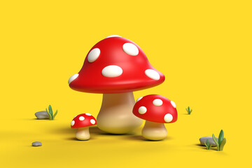 Minimal cartoon mushroom on yellow background. 3D rendering.