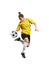 Fototapeta na wymiar Young professional female football player in motion, playing football, soccer, hitting ball in a jump isolated over white background
