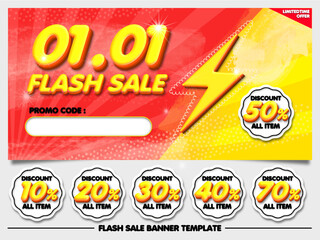 bundle flash sale 01.01 banner diiscount red yellow with element sticker 10%, 20%, 30%, 40%, 50%, 70%