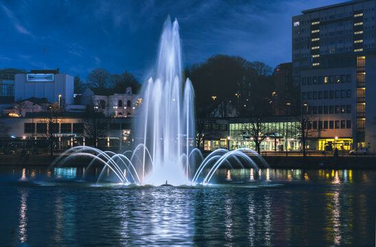 City fountain in the city park on Lake Breiavatnet in the center of Stavanger near the Central Station