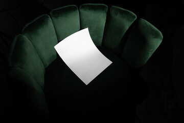 Blank poster, A format letter mockup template on a velvet, green art deco furniture. Real photo,...